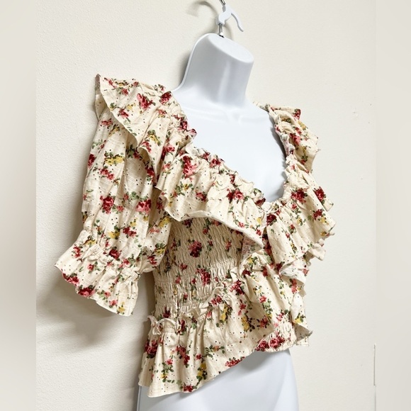 Free People Womens Striped Floral Eyelet Jersey Ruffle Favorite Girl Top Size XS - Picture 3 of 10